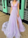Ball Gown V-neck Tulle Prom Dresses With Feather #UKM020125650