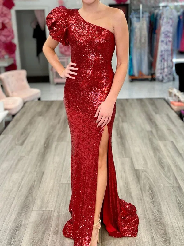 Sheath/Column One Shoulder Puff Sleeve Sparkly Sequin Prom Dresses #UKM020125653