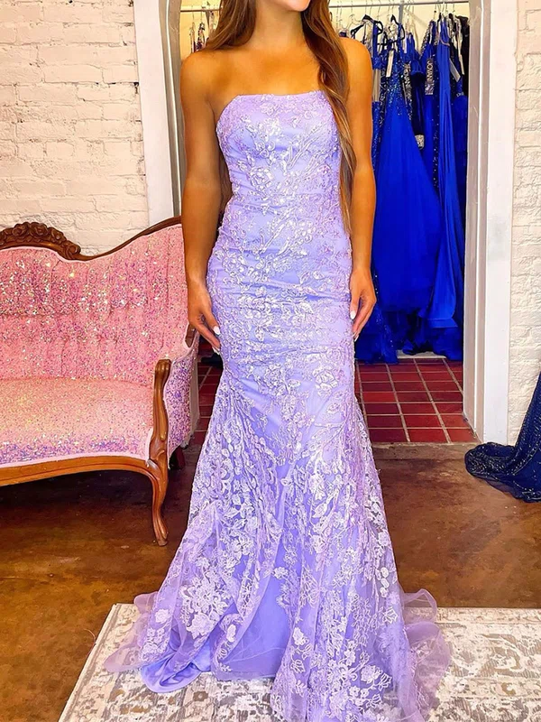 Sheath/Column Strapless Lace Tulle Prom Dresses With Appliques #UKM020125655