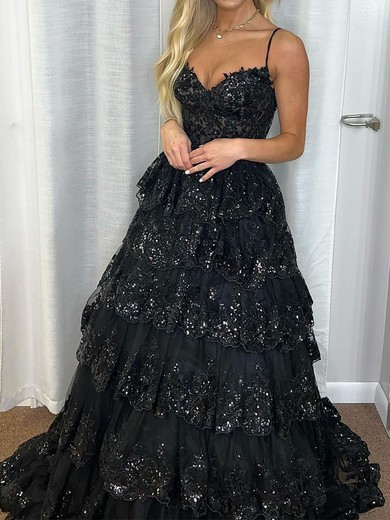 Puffy Black Tulle Ball Gown/Princess Appliques Tiered Prom Dresses #UKM020125679
