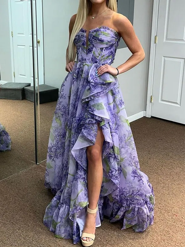 Ball Gown Strapless Tulle Floral Prom Dresses With Ruffle #UKM020125688