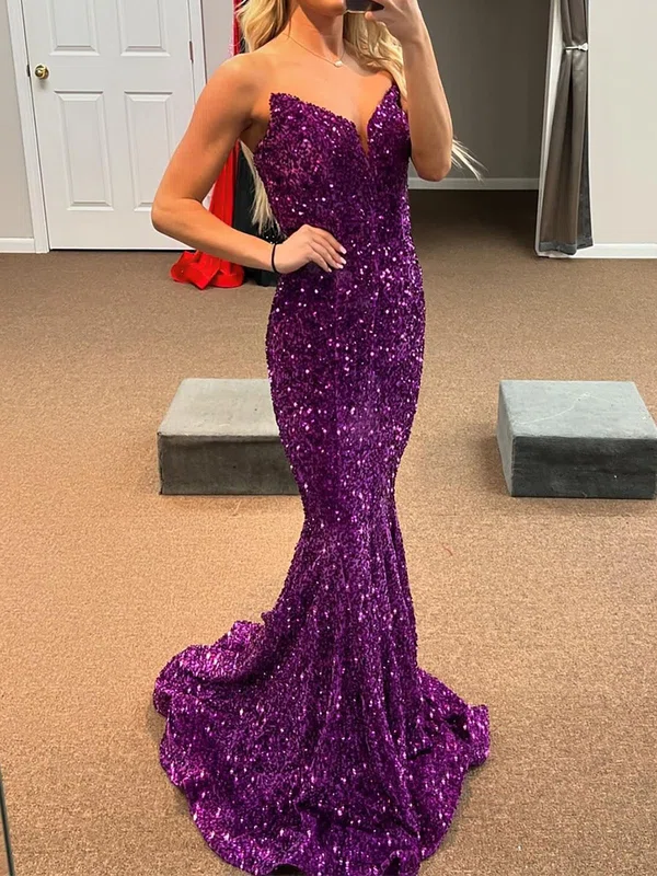 Mermaid V-neck Sparkly Velvet Sequin Prom Dresses #UKM020125699