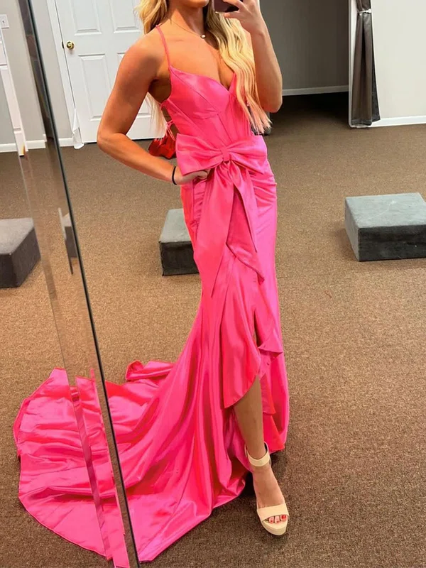 Sheath/Column V-neck Satin Ruffle Prom Dresses With Bow #UKM020125700