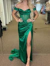 Sheath/Column Off-the-shoulder Satin Prom Dresses With Ruched #UKM020125721