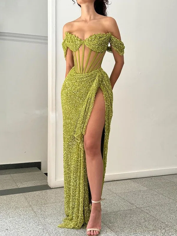 Sheath/Column Off-the-shoulder Sparkly Sequin Prom Dresses With Ruched #UKM020125722