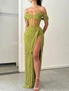 Sheath/Column Off-the-shoulder Sparkly Sequin Prom Dresses With Ruched #UKM020125722