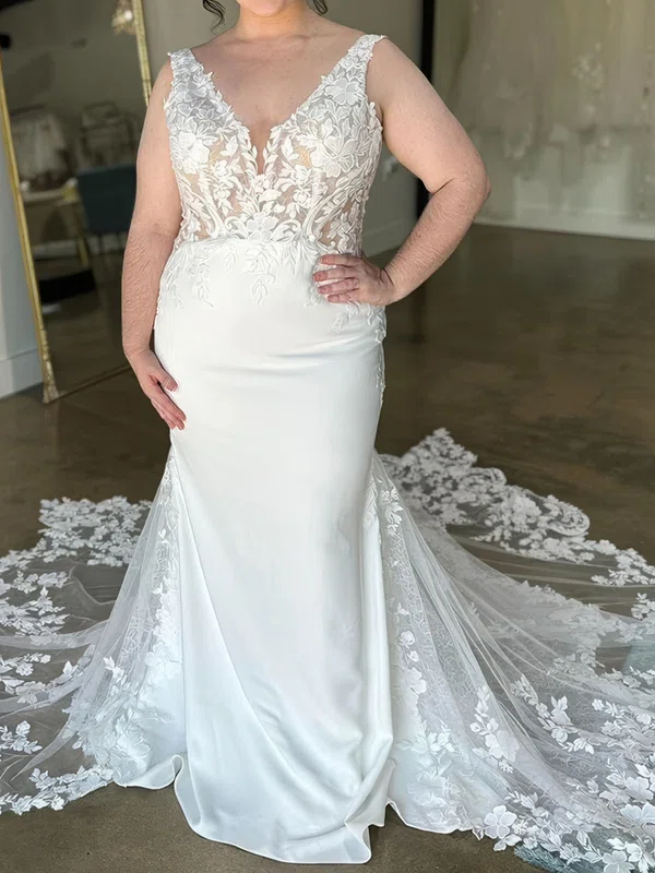 Sheath/Column V-neck Tulle Stretch Crepe Court Train Wedding Dresses With Appliques Lace #UKM00028968