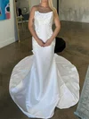 Sheath/Column Straight Satin Sweep Train Wedding Dresses With Appliques Lace #UKM00028969