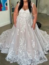 Ball Gown/Princess V-neck Glitter Tulle Court Train Wedding Dresses With Appliques Lace #UKM00028970