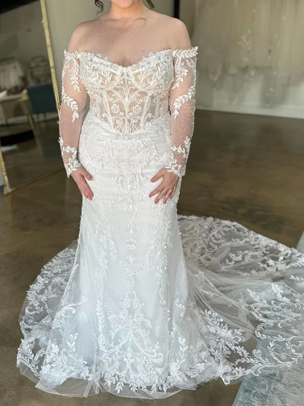 Trumpet/Mermaid Off-the-shoulder Glitter Court Train Wedding Dresses With Appliques Lace #UKM00028975