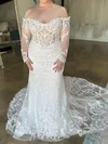 Trumpet/Mermaid Off-the-shoulder Glitter Court Train Wedding Dresses With Appliques Lace #UKM00028975