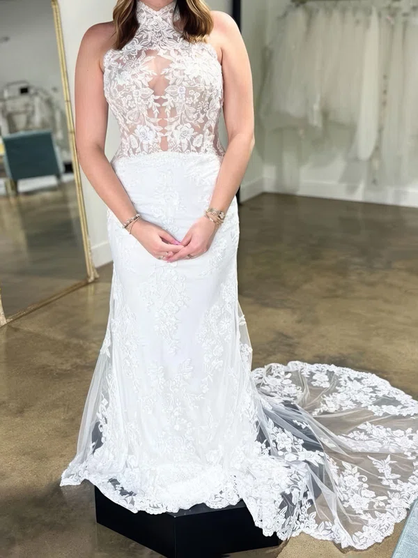 Sheath/Column Halter Tulle Sweep Train Wedding Dresses With Appliques Lace #UKM00028976