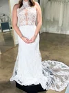 Sheath/Column Halter Tulle Sweep Train Wedding Dresses With Appliques Lace #UKM00028976