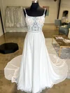 A-line Scoop Neck Chiffon Court Train Wedding Dresses With Appliques Lace #UKM00028983