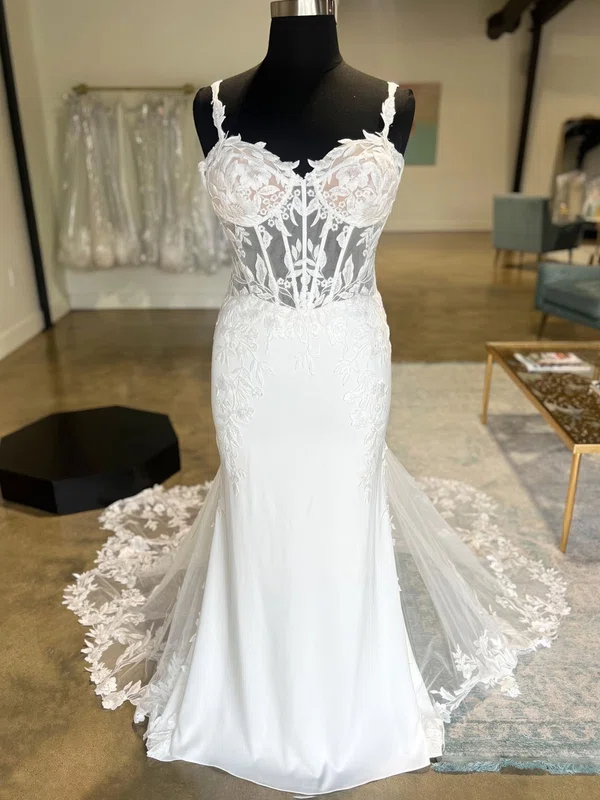Sheath/Column Sweetheart Tulle Stretch Crepe Court Train Wedding Dresses With Appliques Lace #UKM00028984