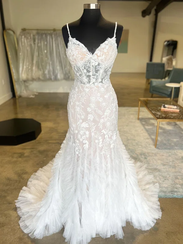 Trumpet/Mermaid V-neck Tulle Sweep Train Wedding Dresses With Ruffles #UKM00028987