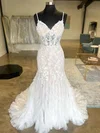 Trumpet/Mermaid V-neck Tulle Sweep Train Wedding Dresses With Ruffles #UKM00028987