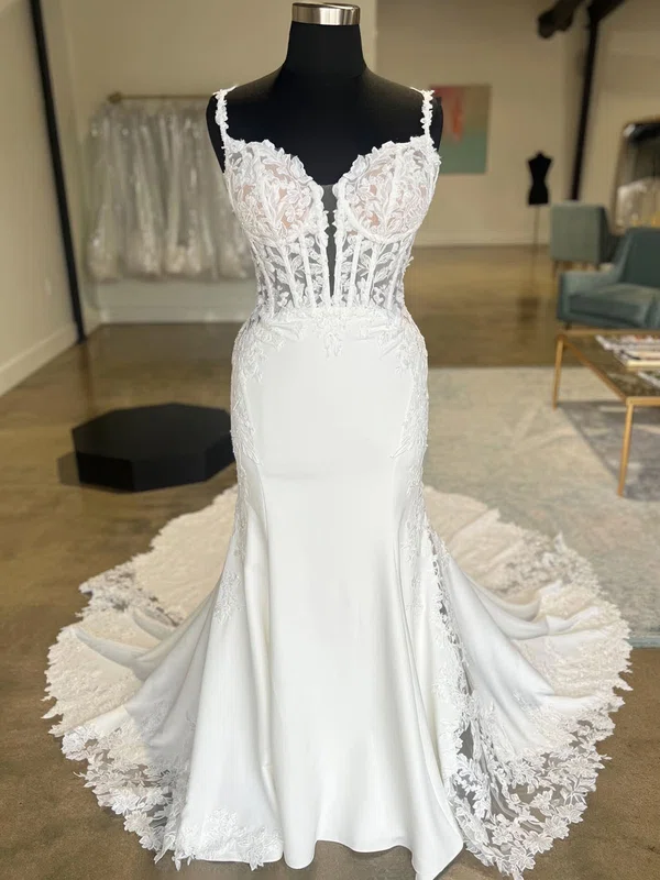 Trumpet/Mermaid Sweetheart Stretch Crepe Court Train Wedding Dresses With Appliques Lace #UKM00028989
