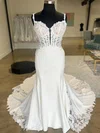 Trumpet/Mermaid Sweetheart Stretch Crepe Court Train Wedding Dresses With Appliques Lace #UKM00028989