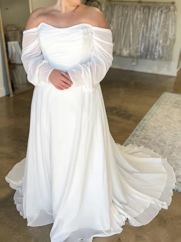 A-line Off-the-shoulder Chiffon Sweep Train Wedding Dresses With Ruched #UKM00028993