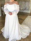 A-line Off-the-shoulder Chiffon Sweep Train Wedding Dresses With Ruched #UKM00028993