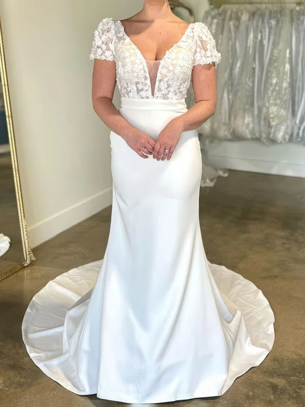 Sheath/Column V-neck Stretch Crepe Sweep Train Wedding Dresses With Appliques Lace #UKM00028996