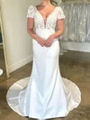 Sheath/Column V-neck Stretch Crepe Sweep Train Wedding Dresses With Appliques Lace #UKM00028996