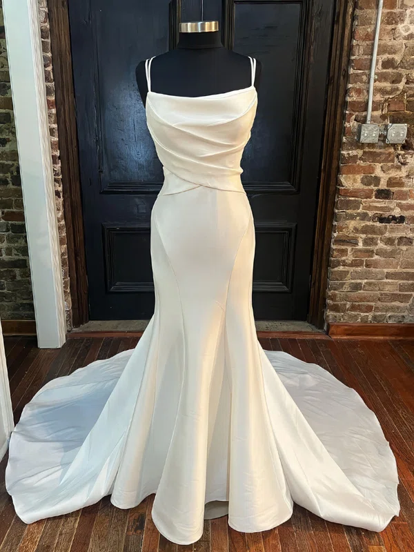 Trumpet/Mermaid Cowl Neck Satin Sweep Train Wedding Dresses With Ruched #UKM00028998