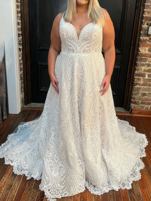 Ball Gown/Princess V-neck Lace Sweep Train Wedding Dresses #UKM00028999