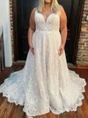 Ball Gown/Princess V-neck Lace Sweep Train Wedding Dresses #UKM00028999