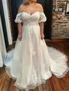 Ball Gown/Princess Off-the-shoulder Tulle Sweep Train Wedding Dresses With Appliques Lace #UKM00029000