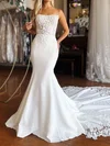 Trumpet/Mermaid Square Neck Stretch Crepe Sweep Train Wedding Dresses With Appliques Lace #UKM00029003