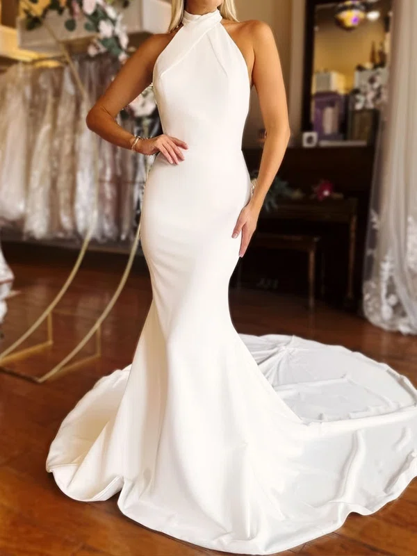 Trumpet/Mermaid Halter Stretch Crepe Sweep Train Wedding Dresses #UKM00029006