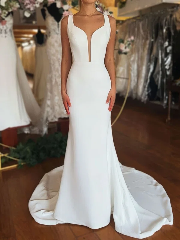 Sheath/Column V-neck Stretch Crepe Sweep Train Wedding Dresses #UKM00029010