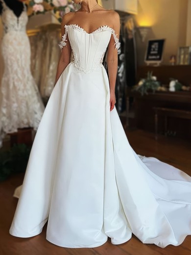 Ball Gown/Princess Off-the-shoulder Satin Sweep Train Wedding Dresses With Ruched #UKM00029011