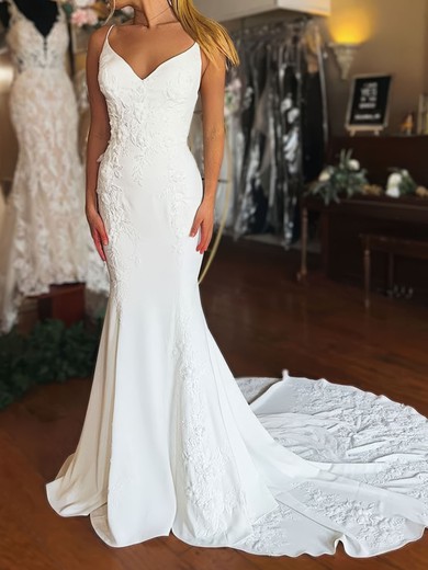 Trumpet/Mermaid V-neck Stretch Crepe Sweep Train Wedding Dresses With Appliques Lace #UKM00029012