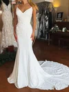 Trumpet/Mermaid V-neck Stretch Crepe Sweep Train Wedding Dresses With Appliques Lace #UKM00029012