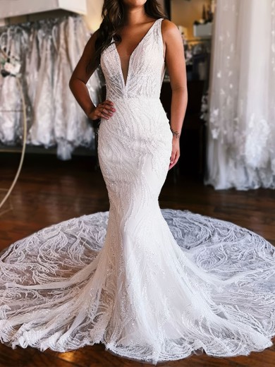 Trumpet/Mermaid V-neck Glitter Lace Sweep Train Wedding Dresses With Appliques Lace #UKM00029013