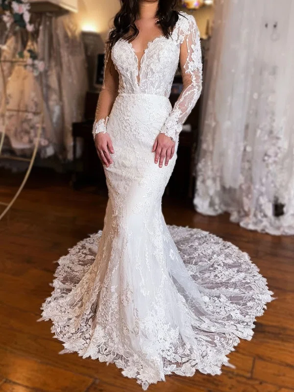 Trumpet/Mermaid V-neck Lace Tulle Sweep Train Wedding Dresses With Appliques Lace #UKM00029016