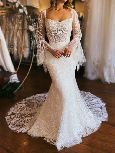 Trumpet/Mermaid V-neck Glitter Lace Sweep Train Wedding Dresses With Appliques Lace #UKM00029017