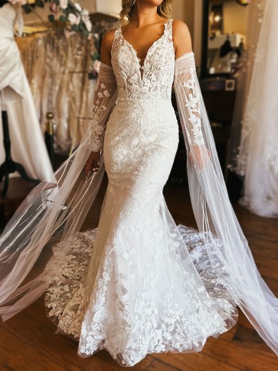 Trumpet/Mermaid V-neck Lace Tulle Sweep Train Wedding Dresses With Appliques Lace #UKM00029018