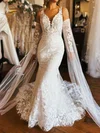 Trumpet/Mermaid V-neck Lace Tulle Sweep Train Wedding Dresses With Appliques Lace #UKM00029018