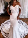 Trumpet/Mermaid Off-the-shoulder Stretch Crepe Sweep Train Wedding Dresses With Appliques Lace #UKM00029019