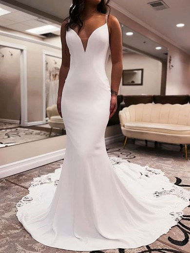 Trumpet/Mermaid V-neck Stretch Crepe Court Train Wedding Dresses With Appliques Lace #UKM00029020