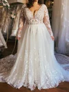 Ball Gown/Princess V-neck Tulle Court Train Wedding Dresses With Appliques Lace #UKM00029031