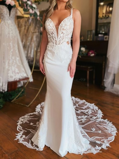 Sheath/Column V-neck Stretch Crepe Sweep Train Wedding Dresses With Appliques Lace #UKM00029034