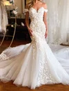 Trumpet/Mermaid Off-the-shoulder Glitter Tulle Court Train Wedding Dresses With Appliques Lace #UKM00029037