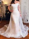 Sheath/Column Off-the-shoulder Glitter Sweep Train Wedding Dresses With Ruched #UKM00029042