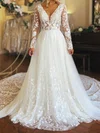 Ball Gown/Princess V-neck Tulle Court Train Wedding Dresses With Ruched #UKM00029043