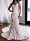 Trumpet/Mermaid V-neck Lace Tulle Sweep Train Wedding Dresses With Appliques Lace #UKM00029045